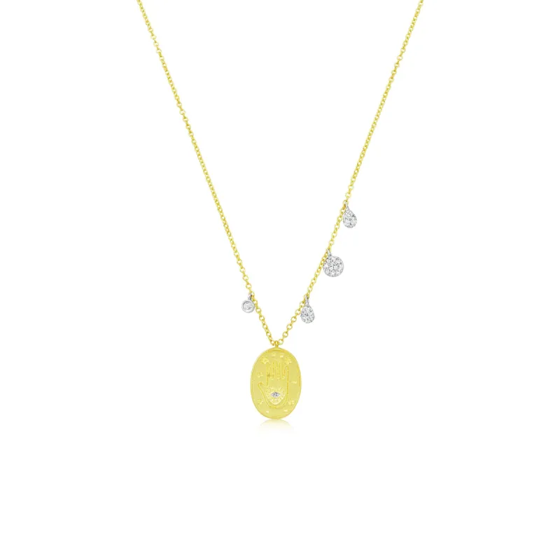 Brushed Gold Hamsa and Diamond Charm Necklace sold by Meira T