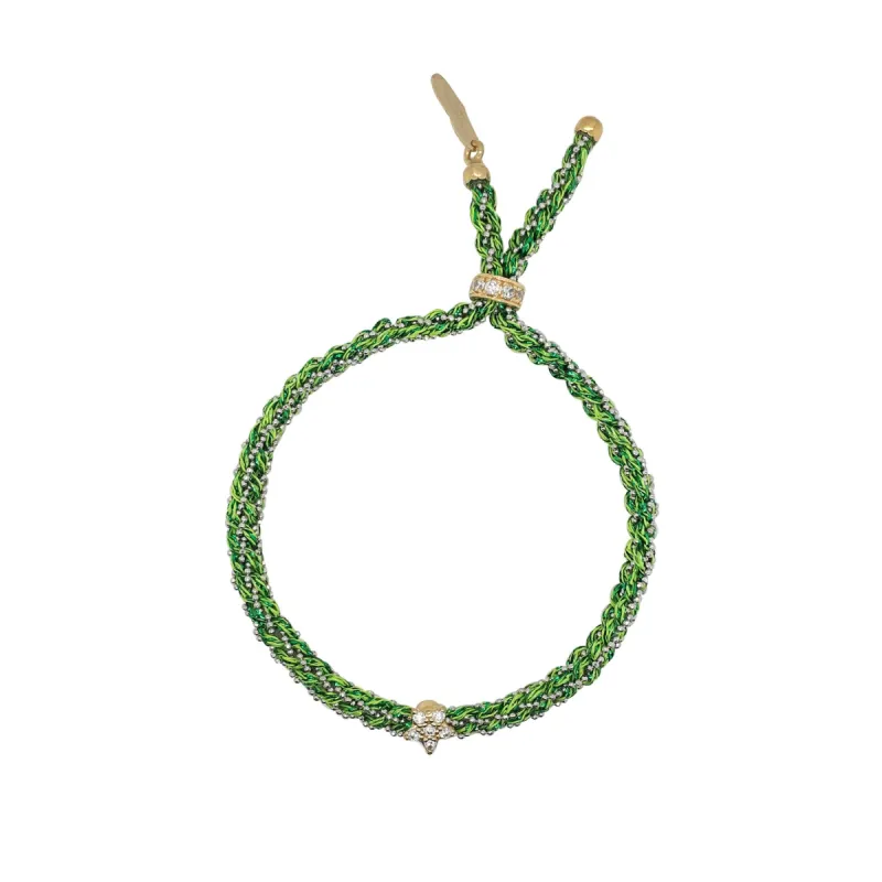 Yellow Gold Plated Braided Chain and Green Silk Bracelet with CZ Star sold by Meira T