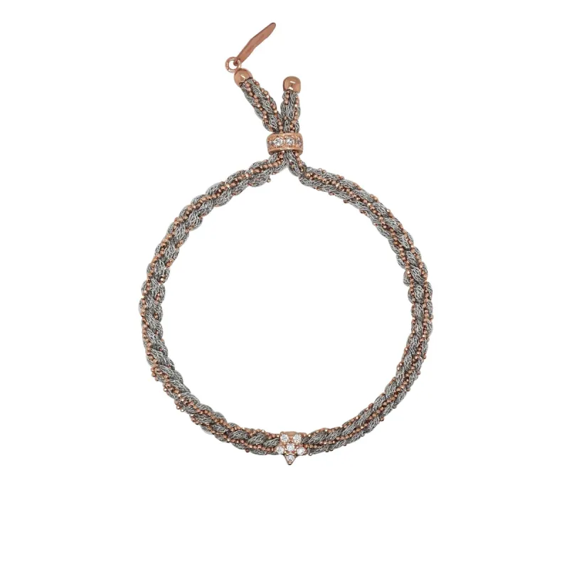 Rose Gold Plated Braided Chain and Silver Silk Bracelet with CZ Flower sold by Meira T
