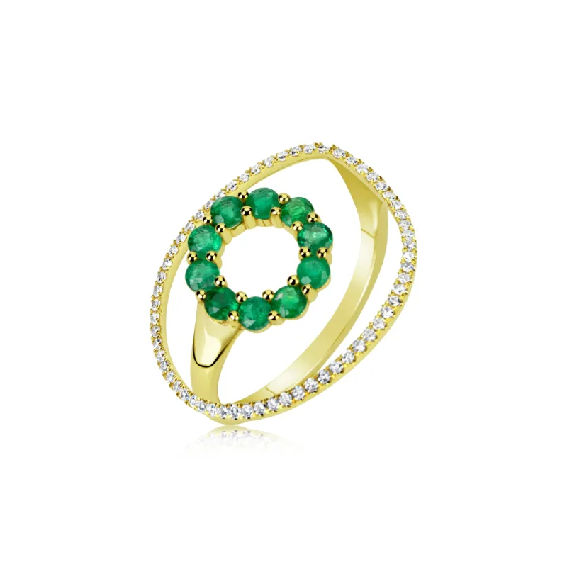 Yellow Gold Circle Emerald and Diamond Ring sold by Meira T