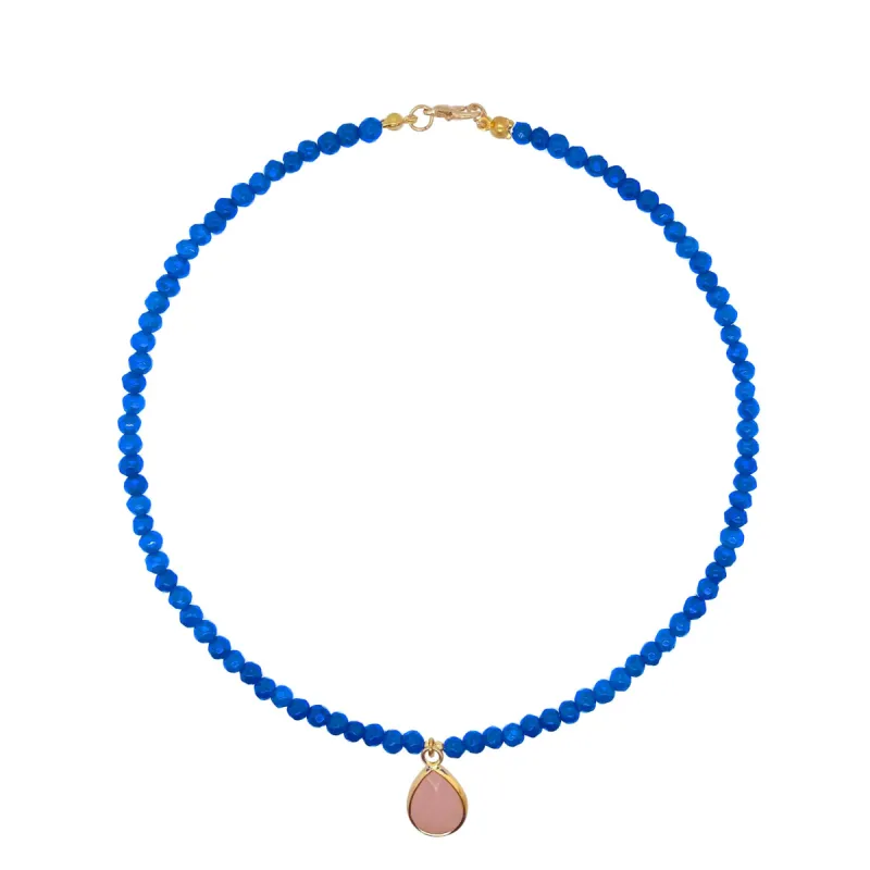 Lapis Bead and Gold Ball Necklace with pink opal Charm sold by Meira T
