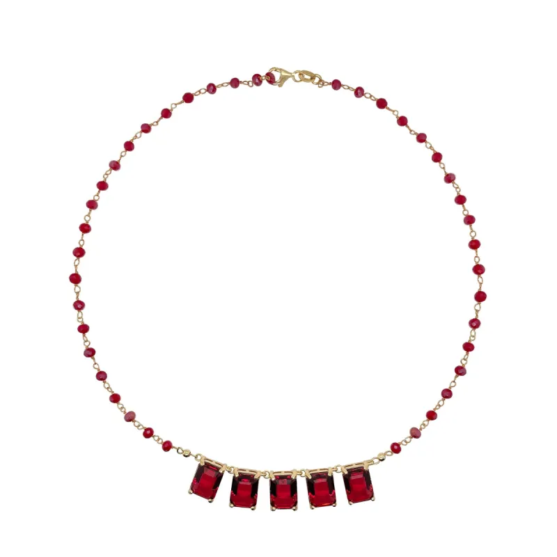 Five Stone Emerald Shape Red CZ Pendant Necklace on Ruby Bead Chain sold by Meira T