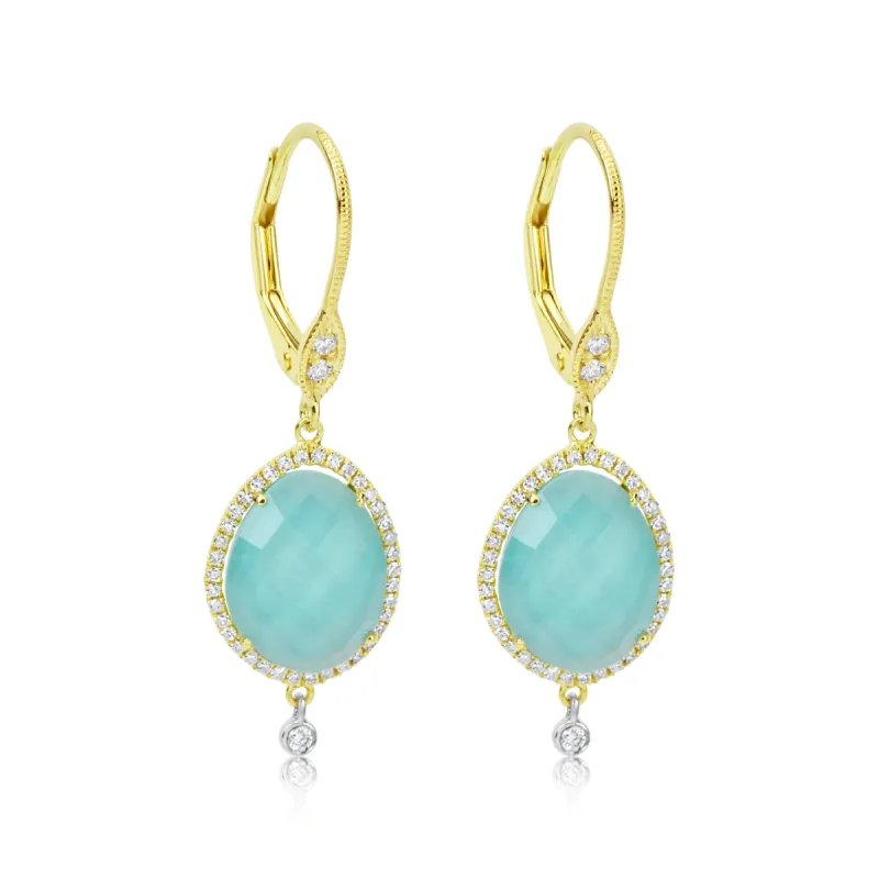 Milky Aqua Earrings with Dangling Diamond Bezel sold by Meira T