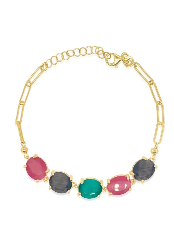 Yellow Gold Plated Paperclip Chain with 5 Multicolor Stones sold by Meira T