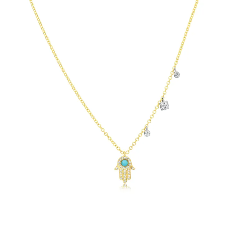 Yellow Gold and Turquoise Hamsa Necklace with Diamond Charms sold by Meira T