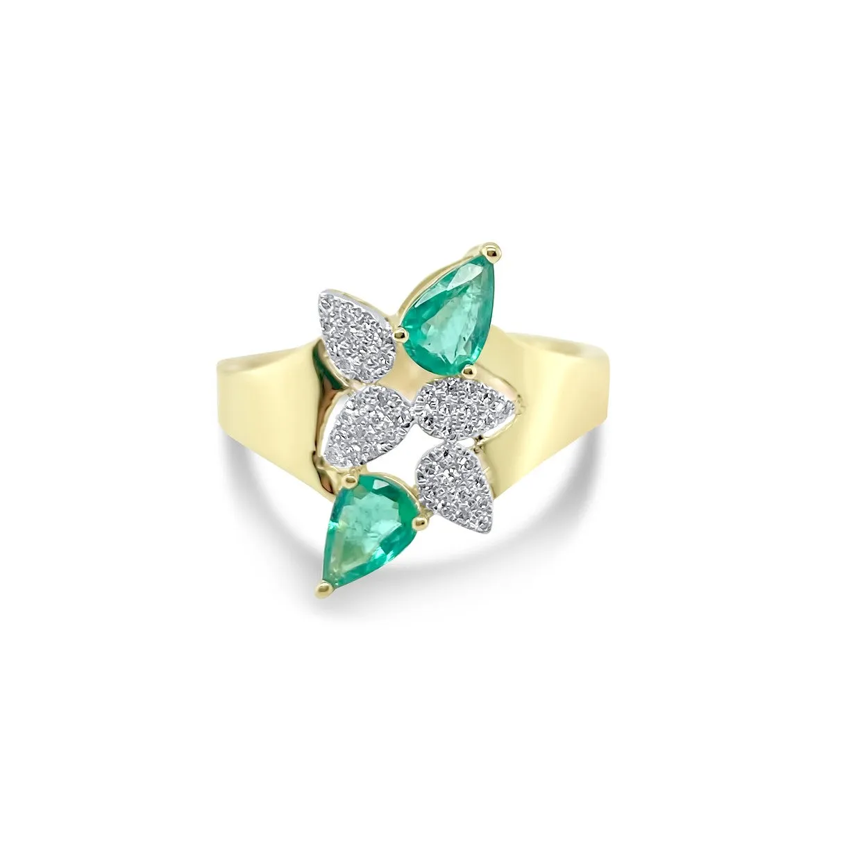 Two Tone Gold Diamond and Emerald Leaf Ring sold by Meira T