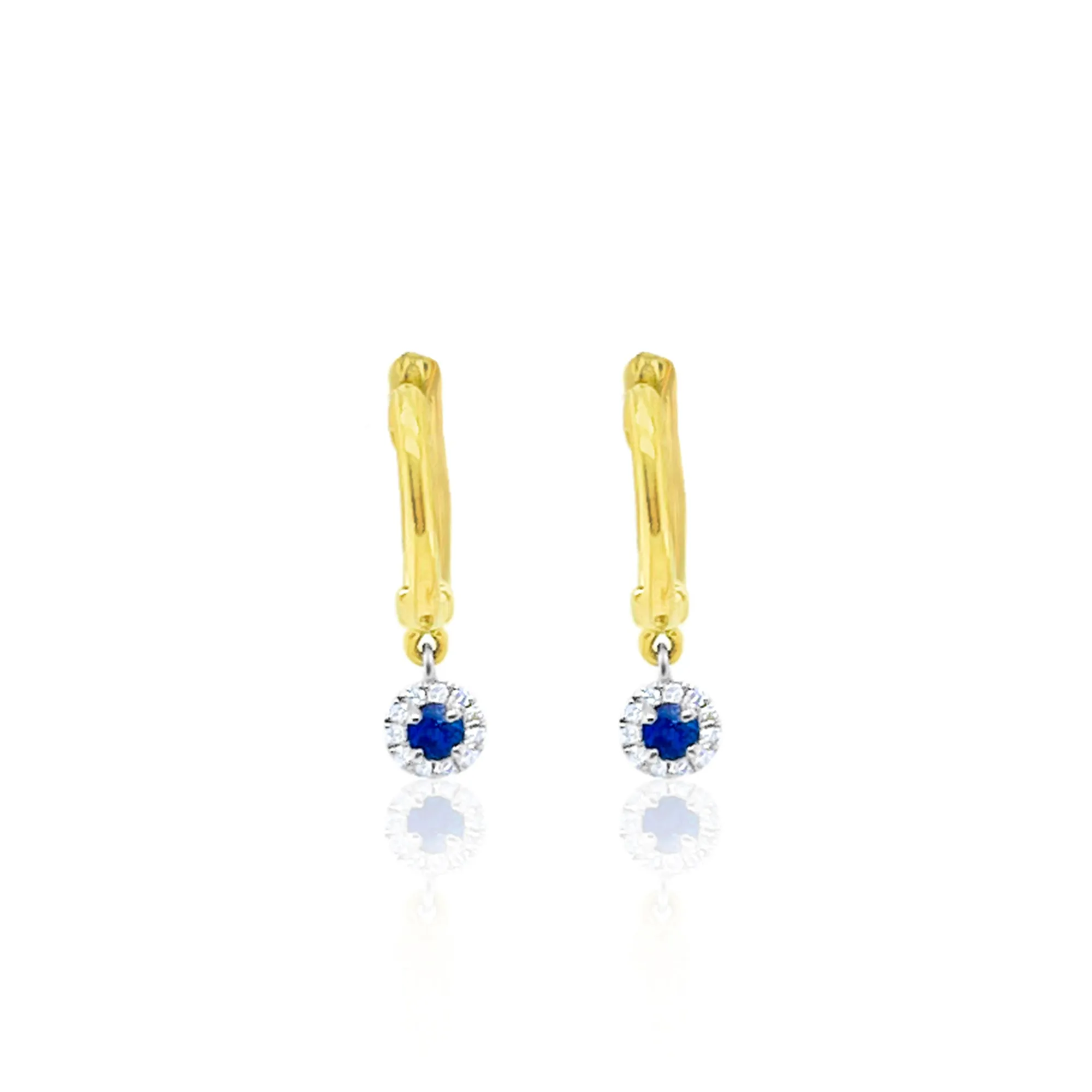 Yellow Gold Blue Sapphire Diamond Halo Huggies sold by Meira T