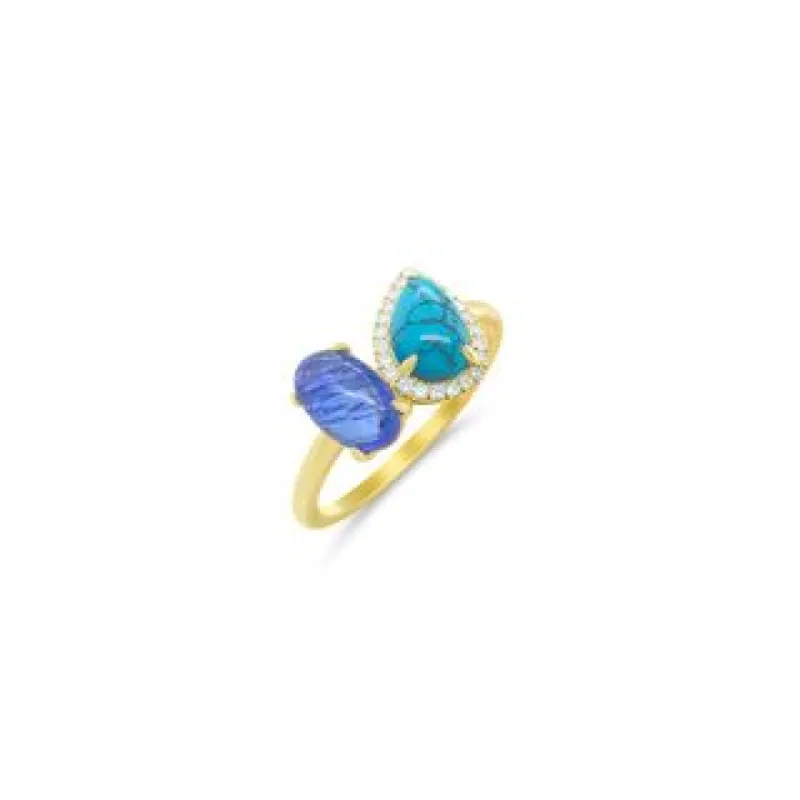 Toi et Moi: Yellow Gold Blue Tanzanite And Turquoise Ring 14kt Yellow Gold sold by Meira T