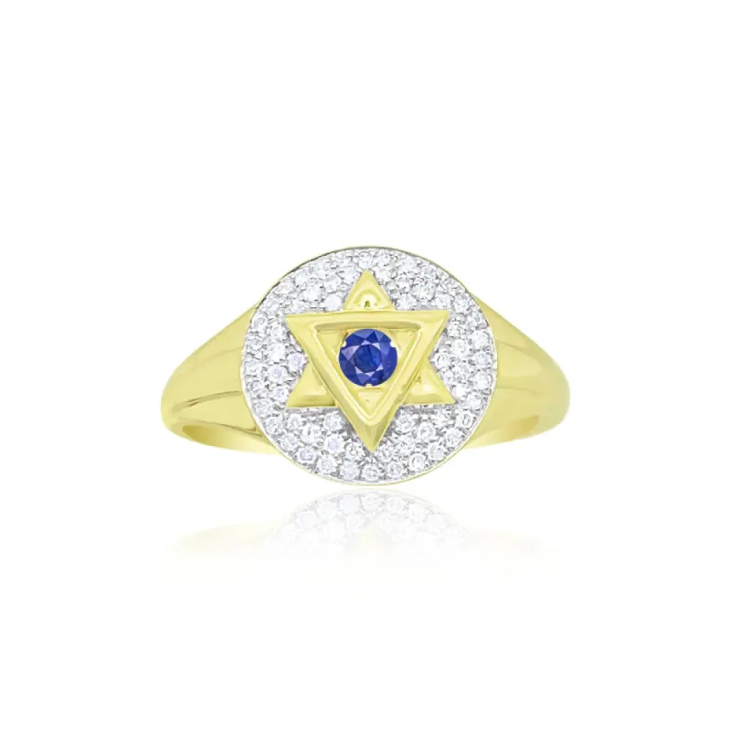 Yellow Gold Blue Sapphire Star of David Signet Ring sold by Meira T
