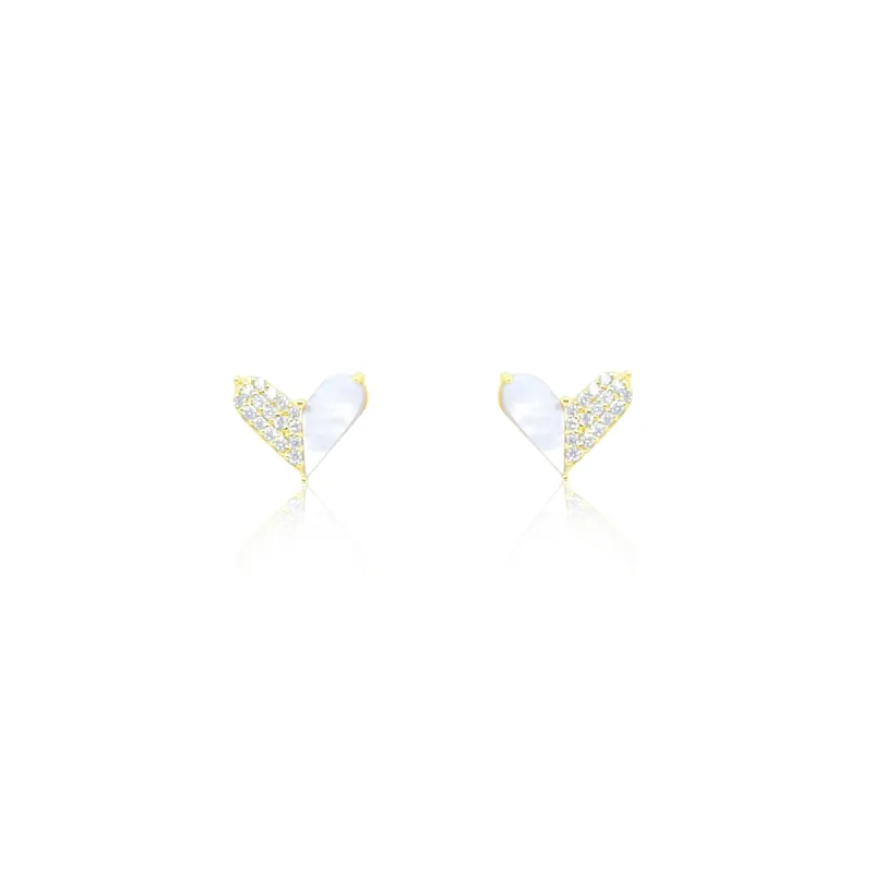 Yellow Gold Mother of Pearl and Diamond Heart Earrings sold by Meira T