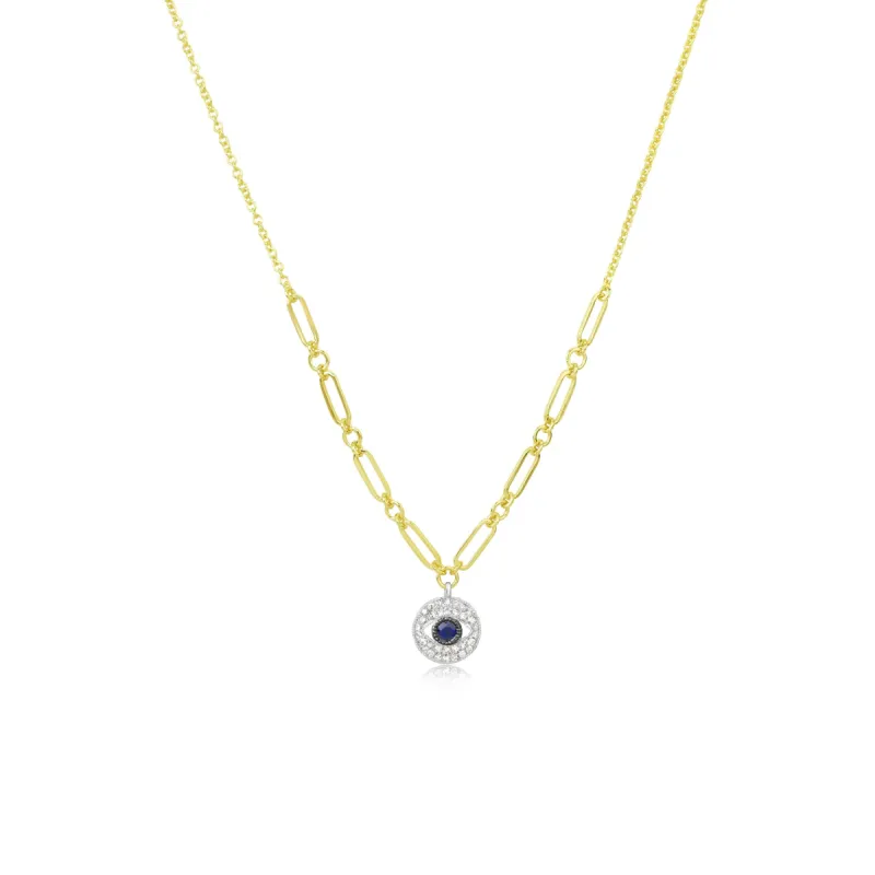 Yellow Gold Diamond and Blue Sapphire Evil Eye Necklace sold by Meira T
