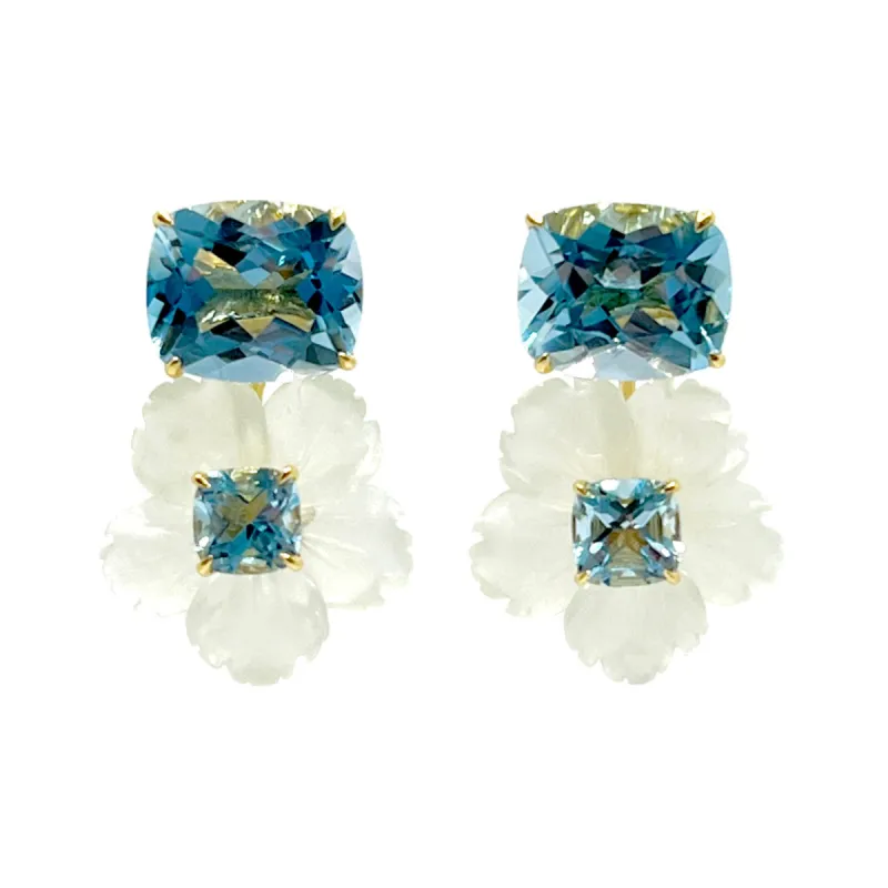 Cushion-Cut Blue Topaz with Carved Serpentine Flower Drop Earrings sold by Meira T