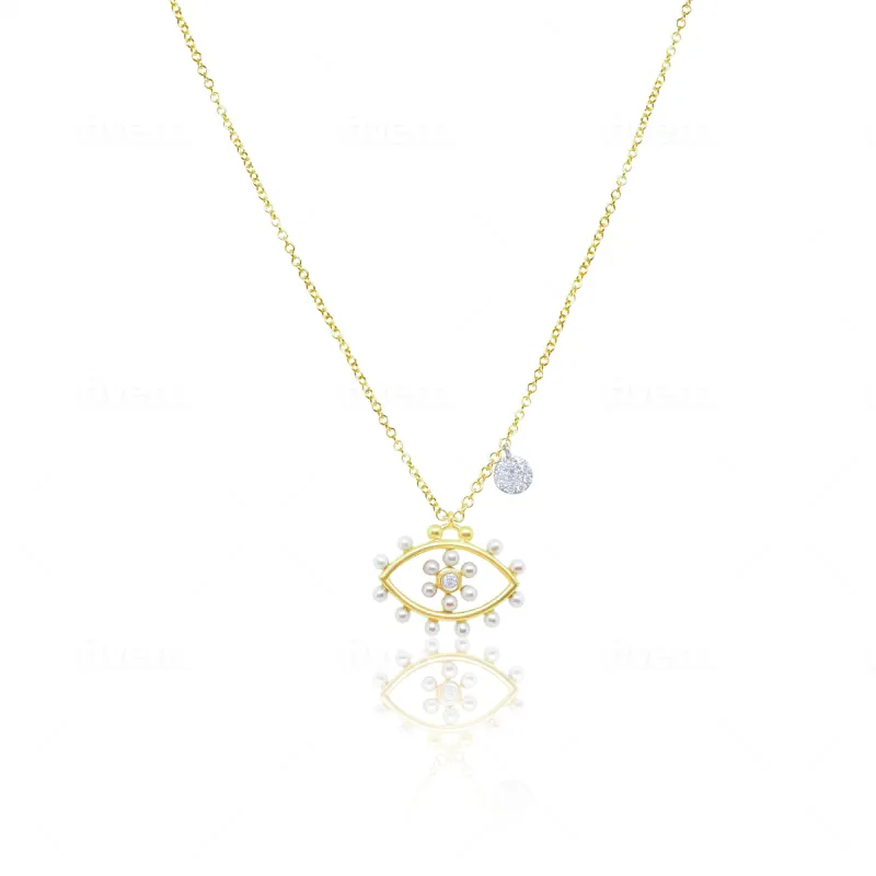 Yellow Gold Pearl Evil Eye Necklace sold by Meira T