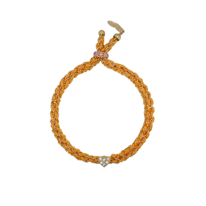 Orange Silk and Yellow Gold Plated Braided Bracelet with CZ Heart sold by Meira T