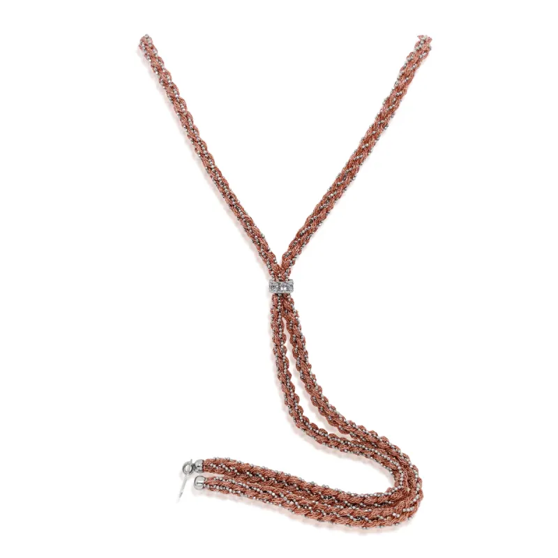 Rose Gold Silk Braided Y Necklace with White Gold Chain and CZ Heart sold by Meira T