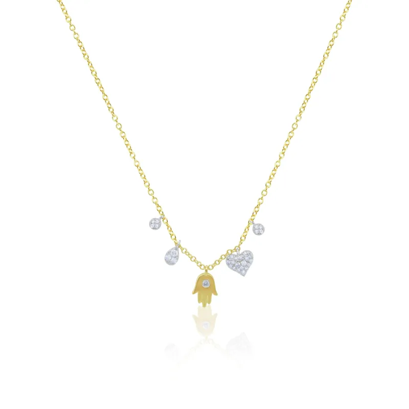 Yellow Gold Charm Hamsa and Heart Necklace sold by Meira T