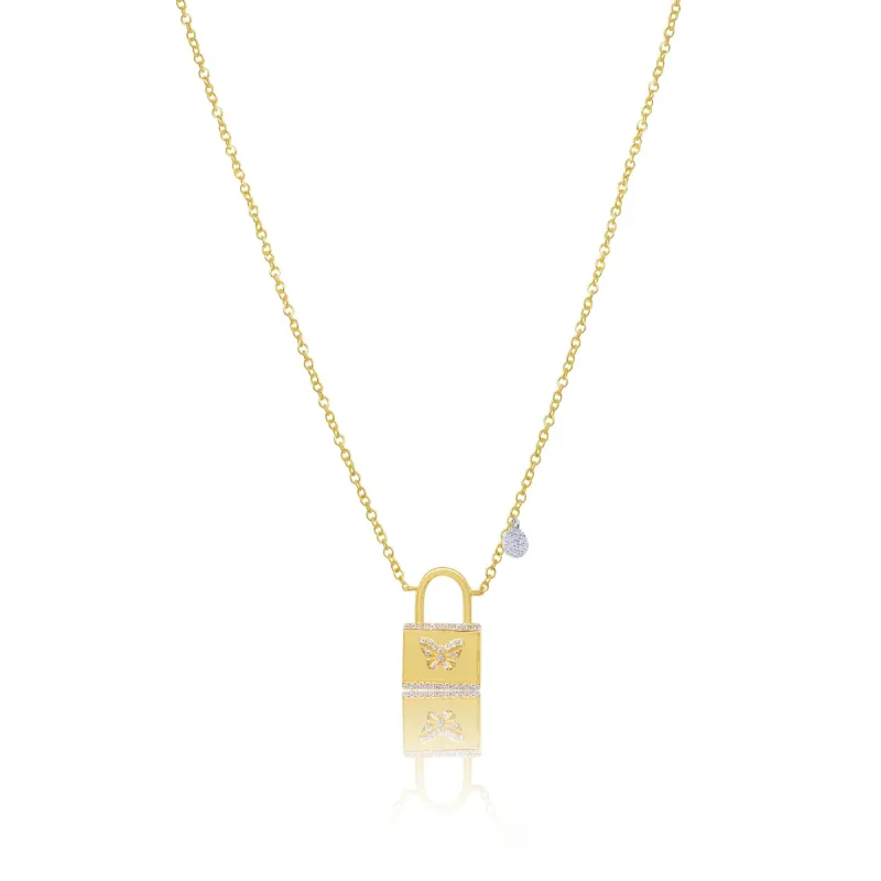 Yellow Gold Diamond Lock and Butterfly Necklace sold by Meira T
