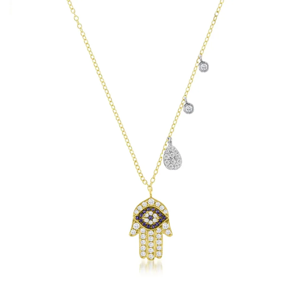 Hamsa & Evil Gold Necklace With Diamond Accent Charms sold by Meira T
