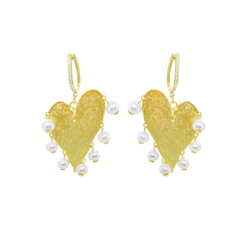 Yellow Gold Heart and Pearl Earrings sold by Meira T