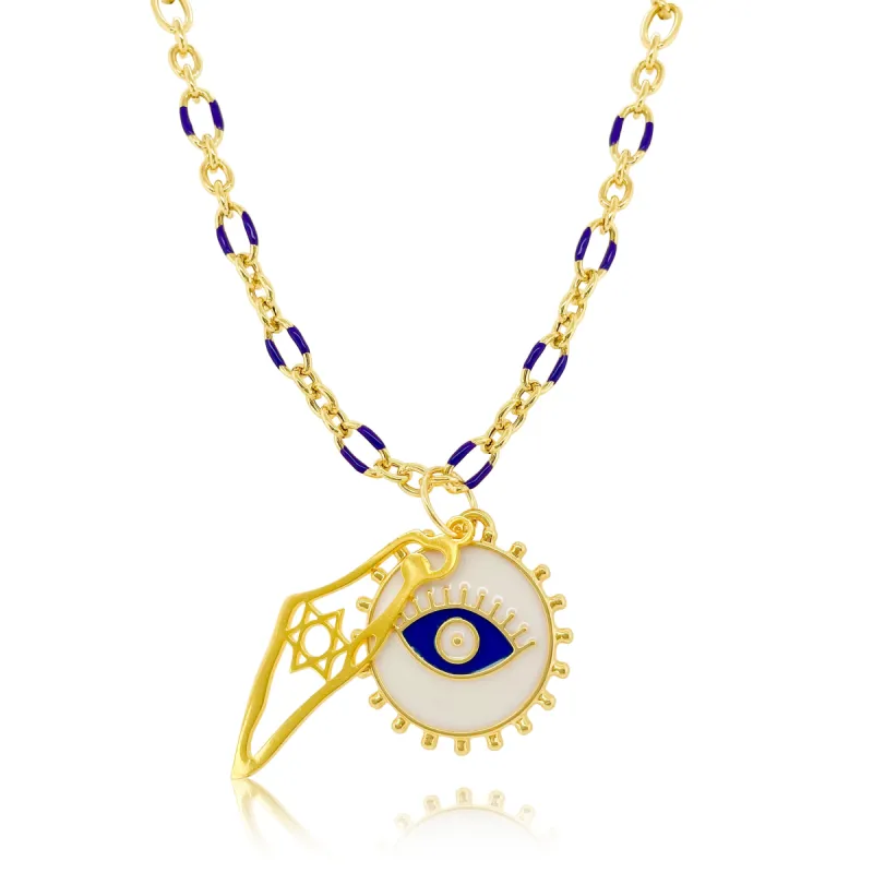 Protection Charm Necklace in Gold Plated and Enamel on Blue Enamel Chain sold by Meira T
