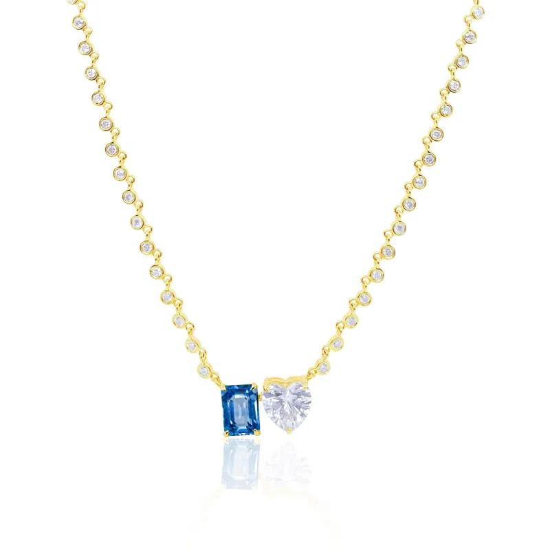 Blue Sapphire and Moissanite Toi Et Moi Necklace sold by Meira T