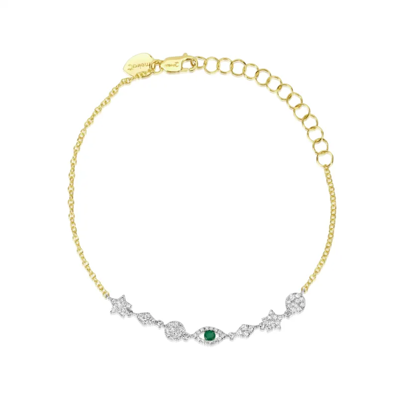 Yellow Gold Diamond Charm and Emerald Evil Eye Bracelet sold by Meira T