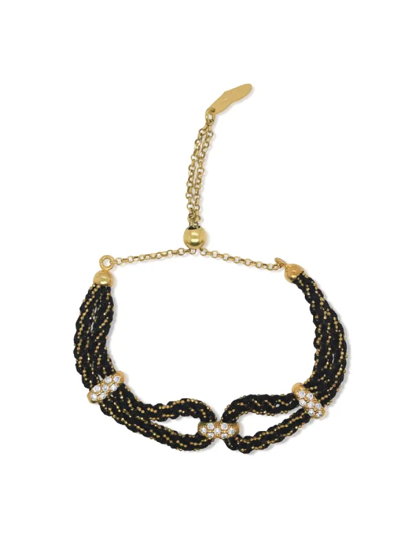 Gold Double Braided Chain and Black Silk Bracelet with Triple CZ Buckle sold by Meira T