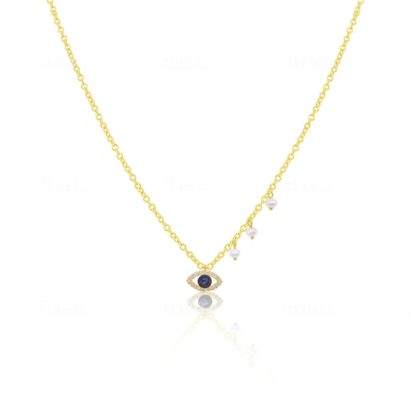 Yellow Gold Evil Eye and Pearl Charm Necklace sold by Meira T