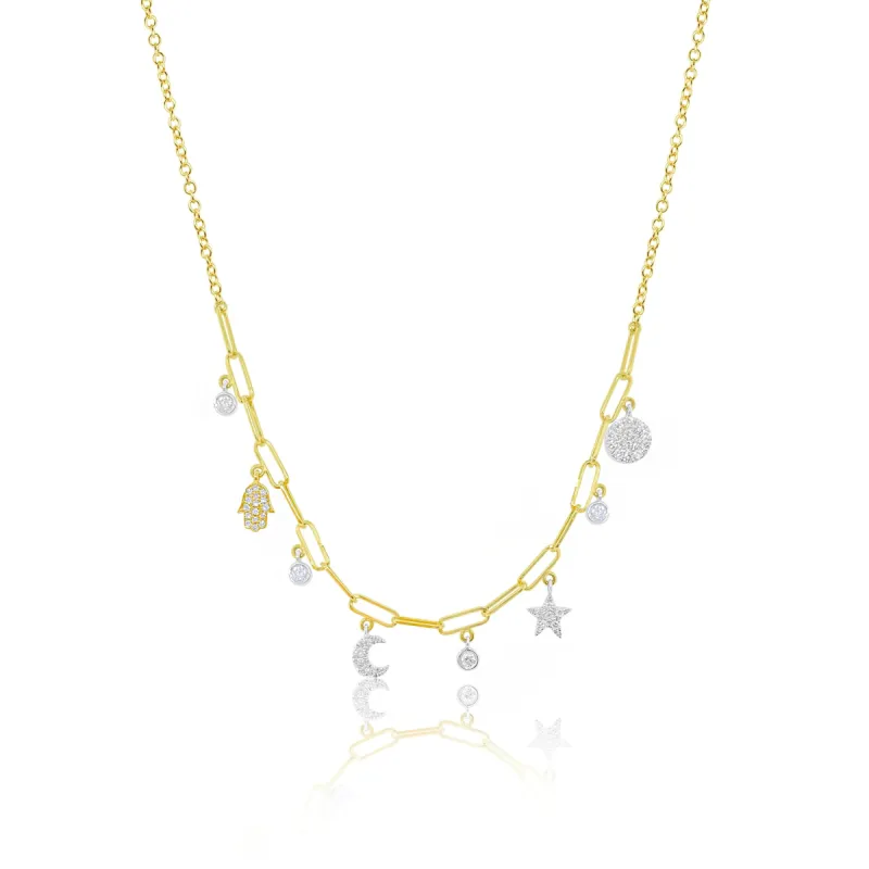 Yellow Gold Paperclip Chain with Diamond Celestial Charms sold by Meira T