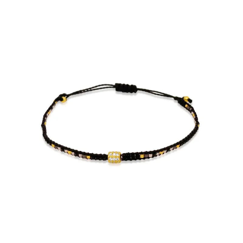 Dainty Woven Black and Gold  Bead Bracelet With CZ Bead sold by Meira T