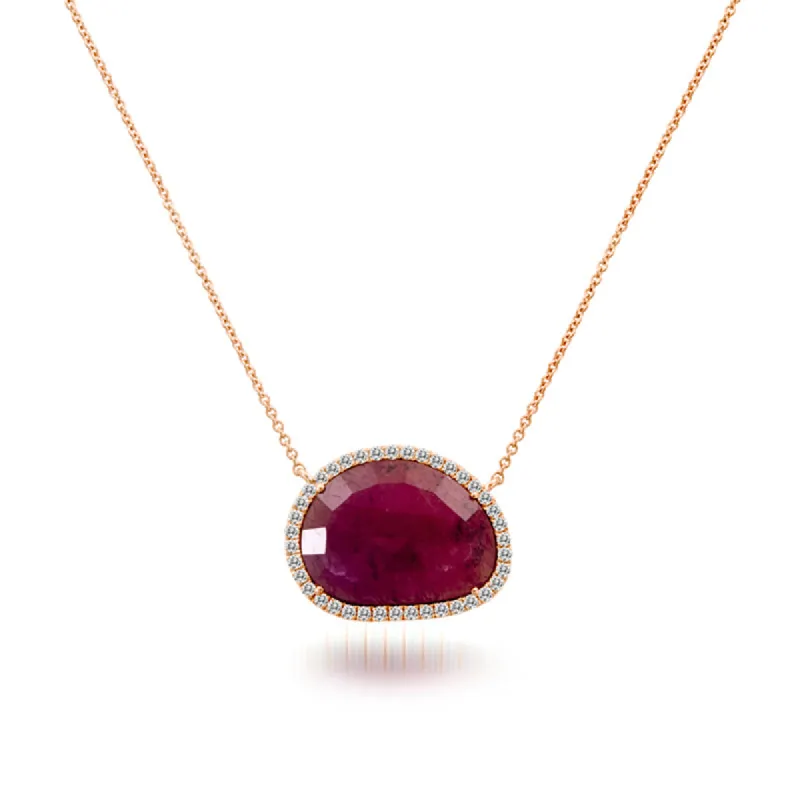 Meira T Rough Cut Ruby Slice Necklace with a Halo of White Diamonds sold by Meira T