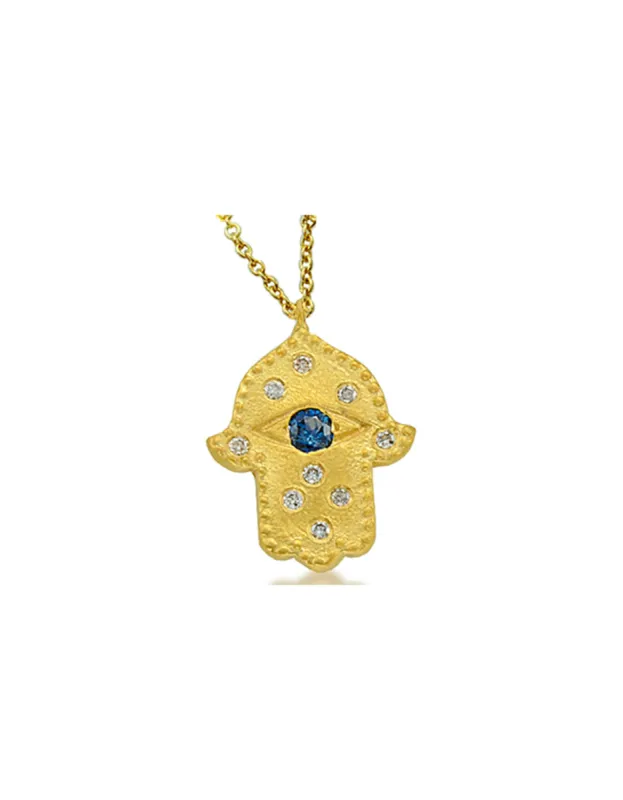 Yellow Gold Diamond and Sapphire Hamsa Necklace sold by Meira T