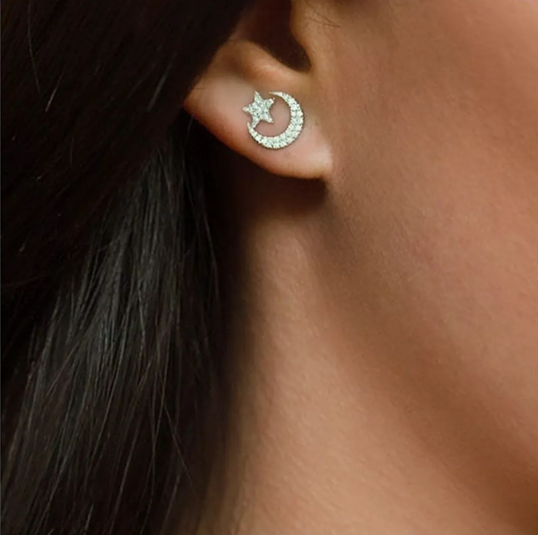 White Gold Pave Diamond Moon and Star Earring Set sold by Meira T product image thumbnail 2