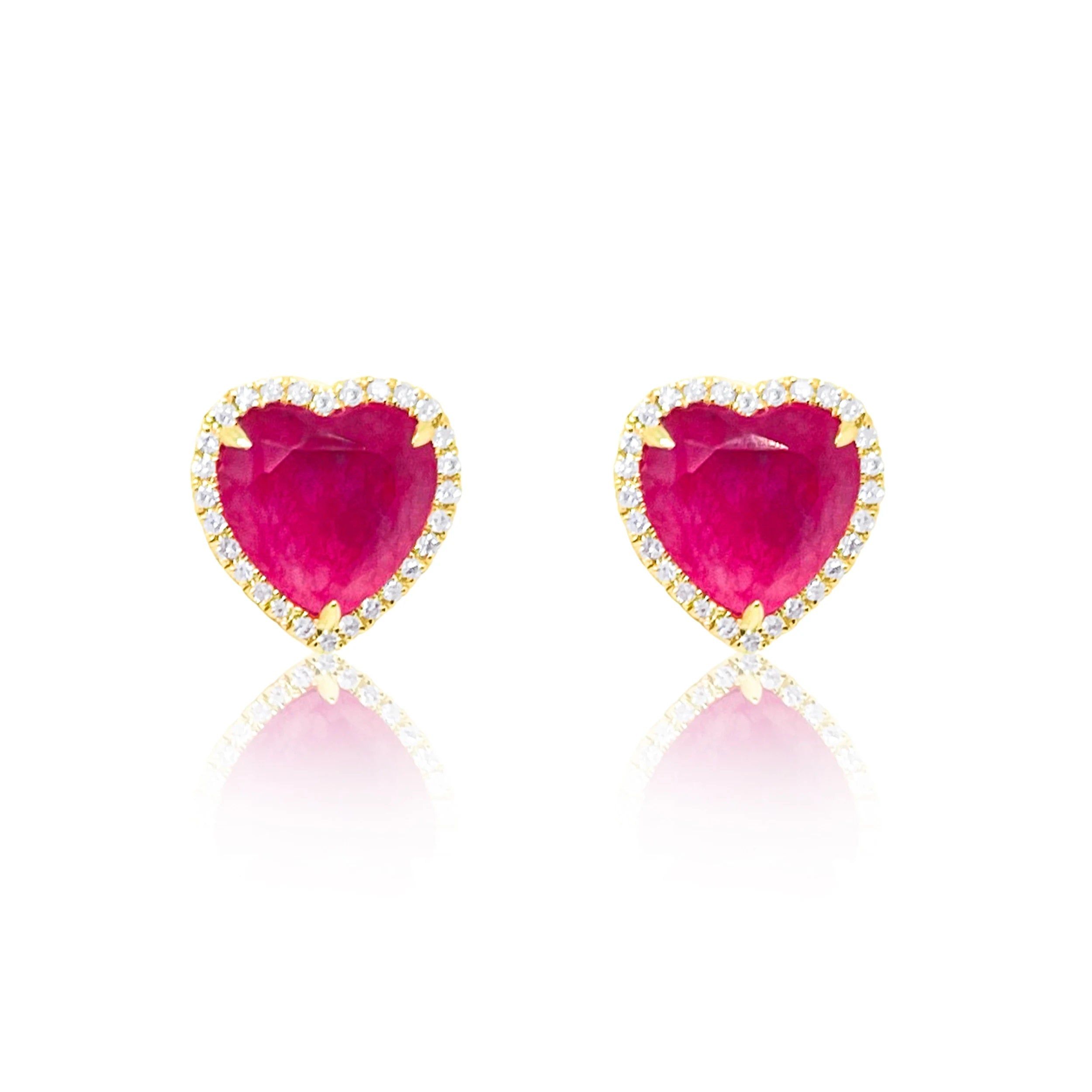 Yellow Gold Pink Sapphire Heart and Diamond Studs sold by Meira T