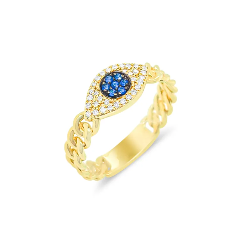 Yellow Gold Sapphire and Diamond Evil Eye Chain Ring sold by Meira T