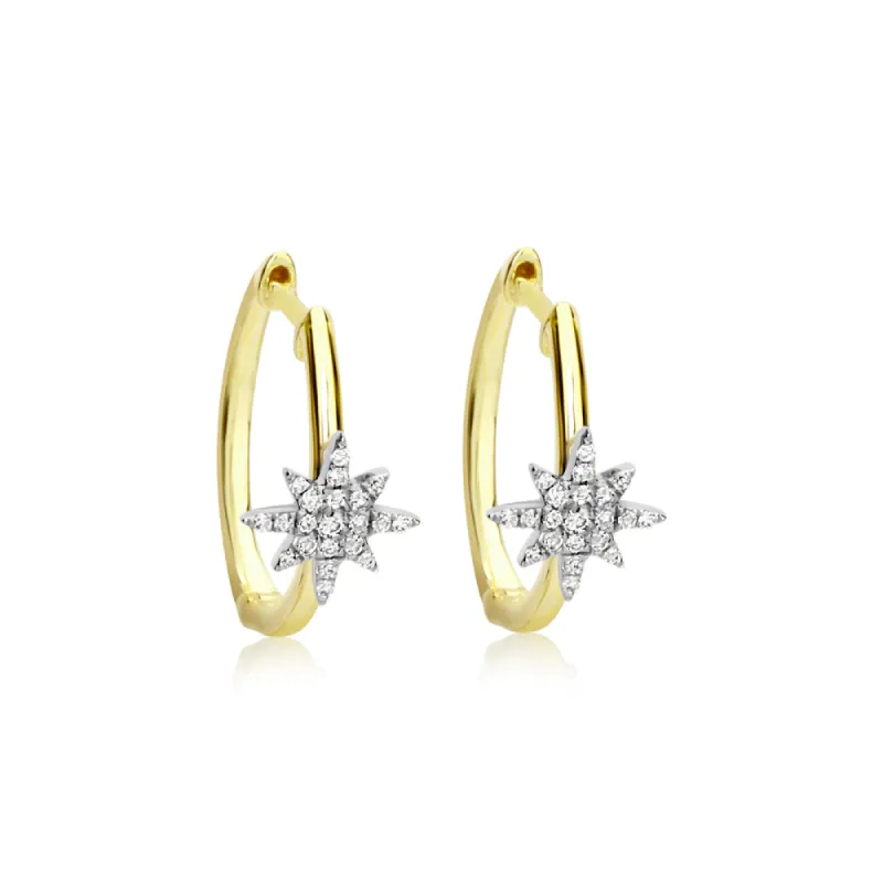 14 Kt Yellow Gold .13 Ct Diamond Starburst Hoops sold by Meira T