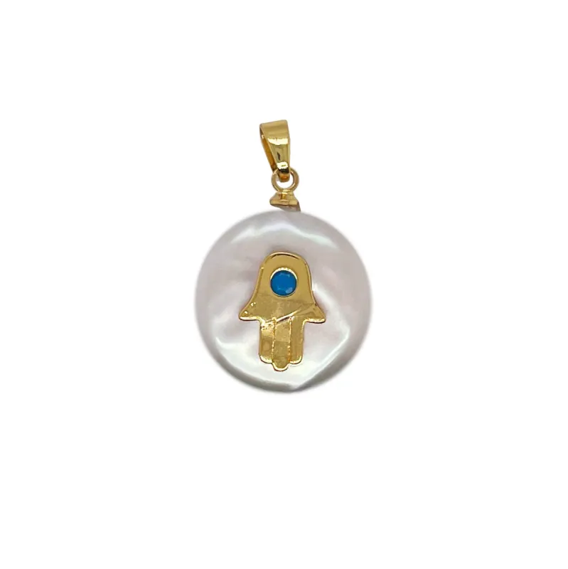 Mother of Pearl Disc with Gold Plated Hamsa Charm sold by Meira T