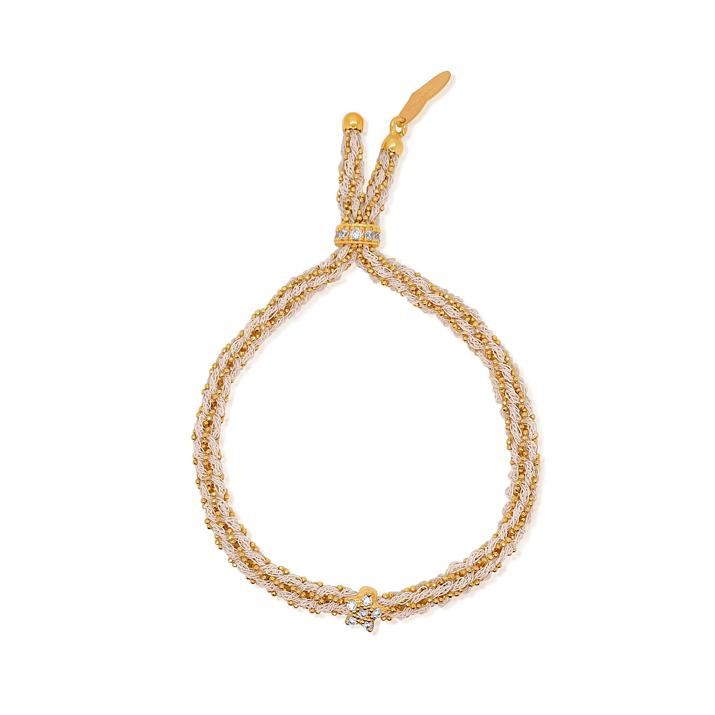 Yellow Gold Braided Chain and White Silk Bracelet with CZ Star sold by Meira T
