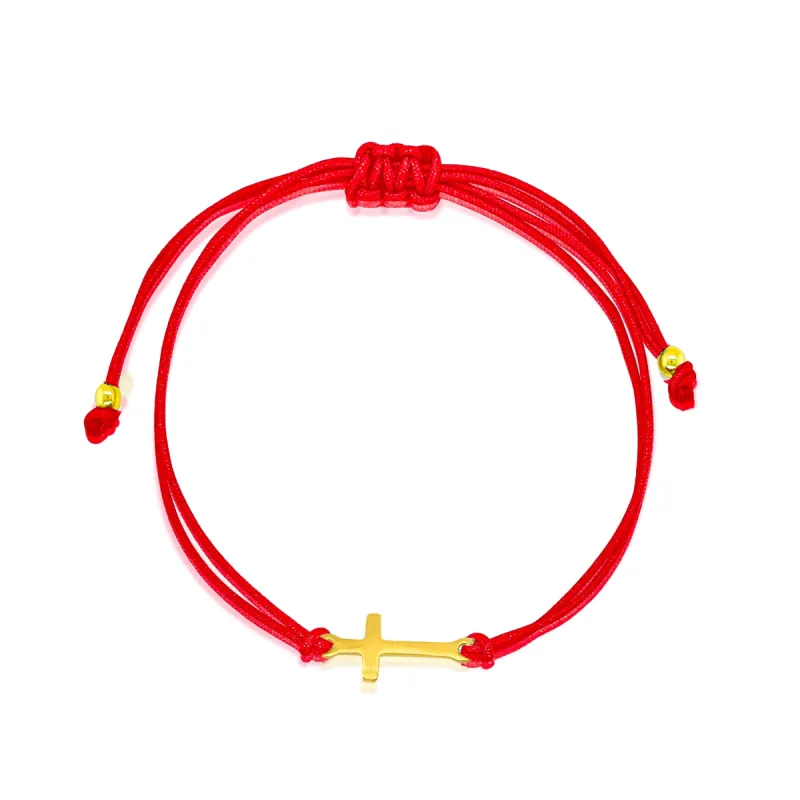 Dainty Gold Plated Cross Bracelet on Red Chord sold by Meira T