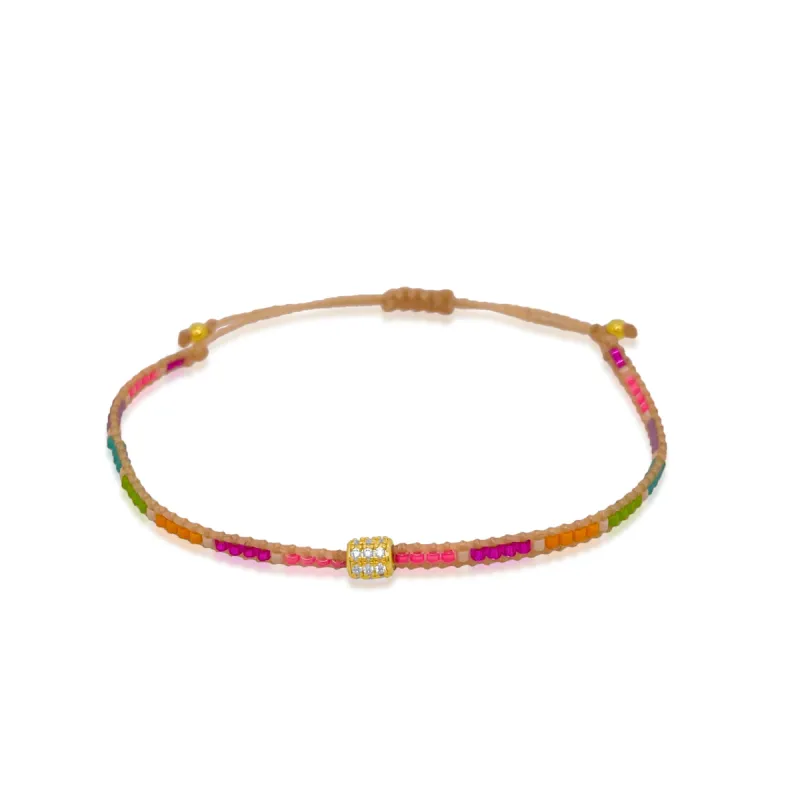 Dainty Woven Rainbow Bead Bracelet With CZ Bead sold by Meira T
