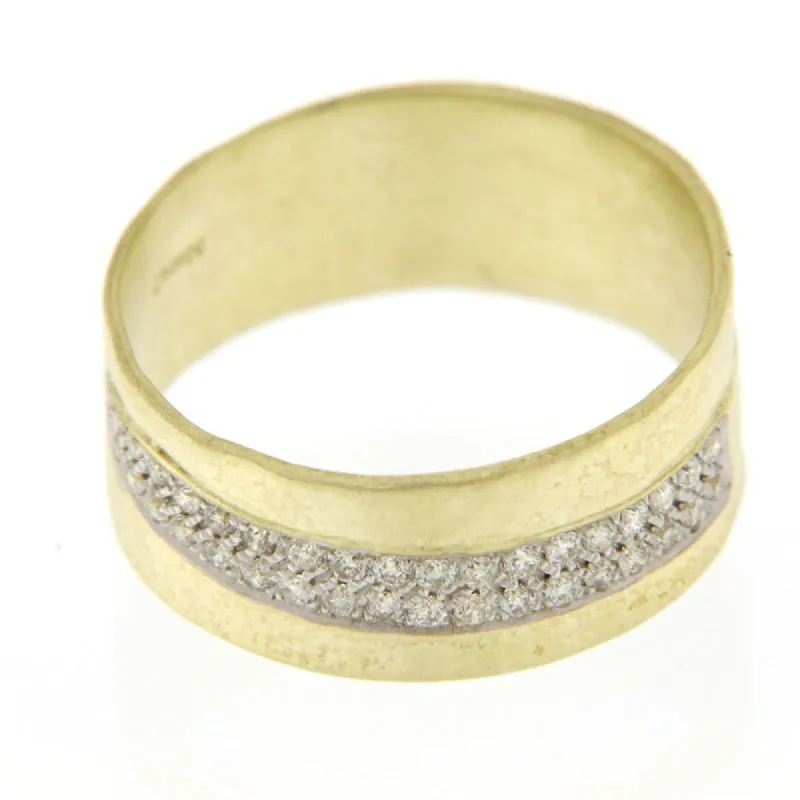 Yellow Gold Textured Ring with Diamond Pave Stripe sold by Meira T