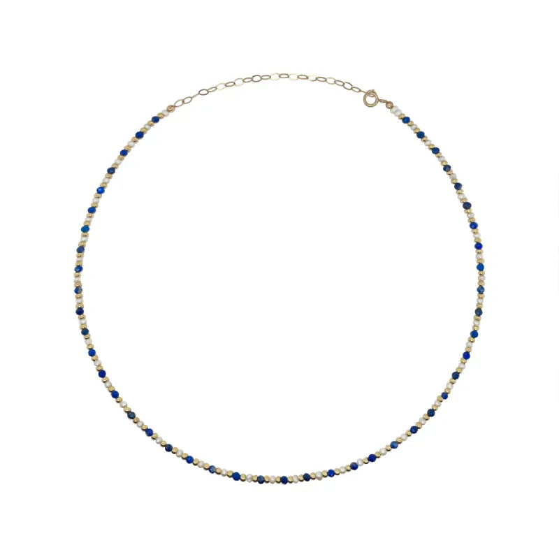 Alternating  Dainty Lapis Pearl and Gold Bead Necklace sold by Meira T