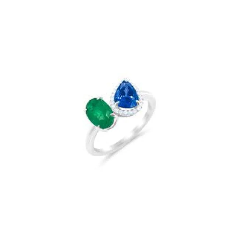 Toi et Moi: White Gold Sapphire and Emerald Ring sold by Meira T