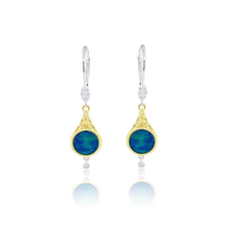 14 Kt Yellow Gold Blue Opal .09 Ct Diamond Drop Earrings sold by Meira T