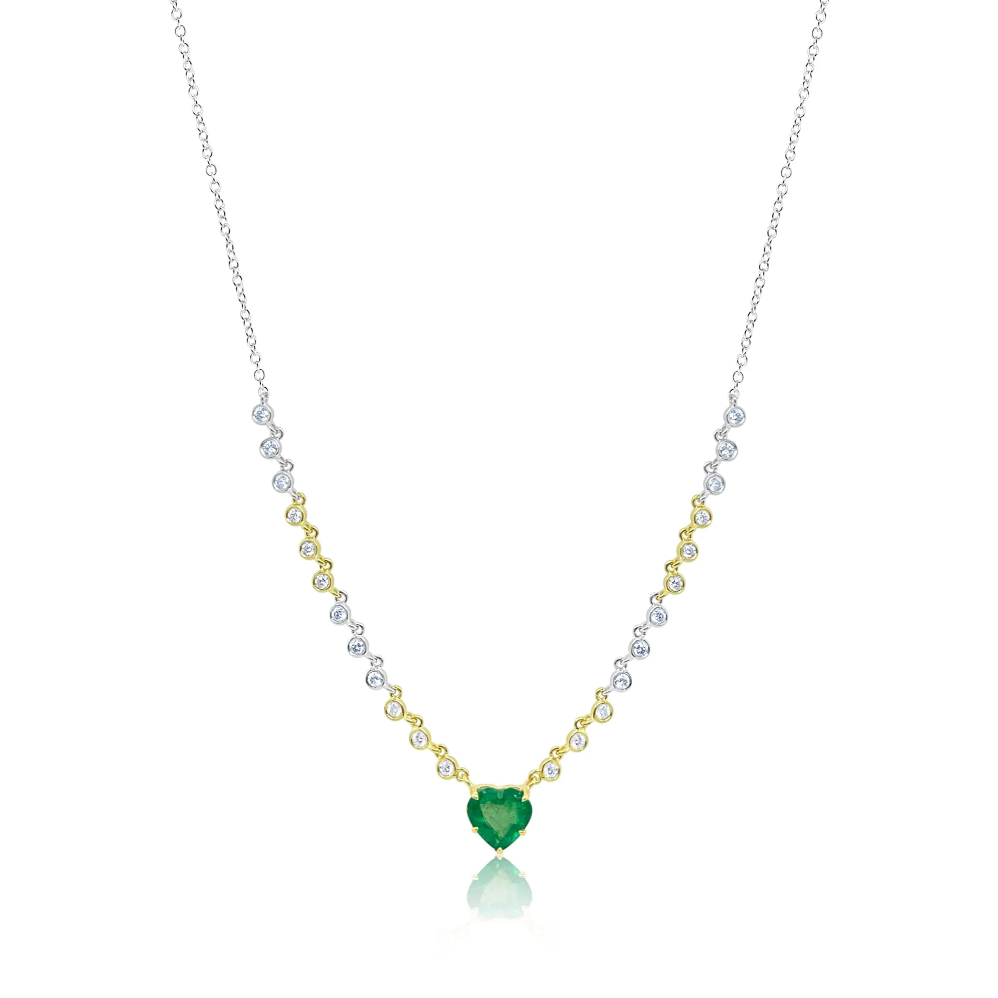 Two Tone Emerald Heart Necklace 14kt White Gold and Yellow Gold Diamonds by the Yard sold by Meira T
