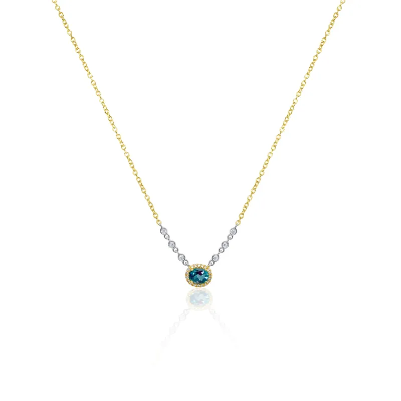 Dainty Blue Topaz Diamond Halo Necklace sold by Meira T