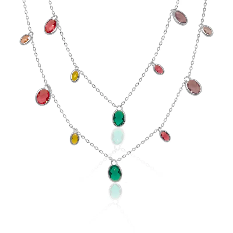 Silver and Multicolor Gemstone Drop Layering Necklace sold by Meira T