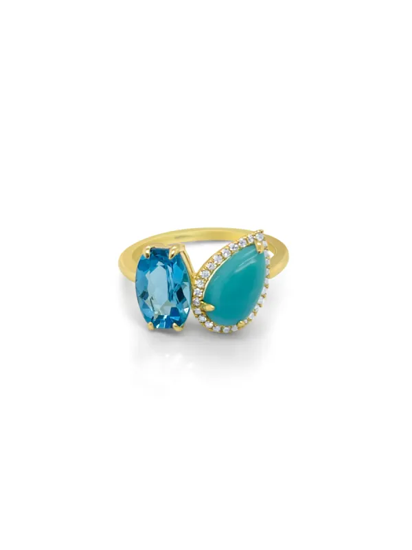 Yellow Gold Blue Topaz And Turquoise Ring sold by Meira T