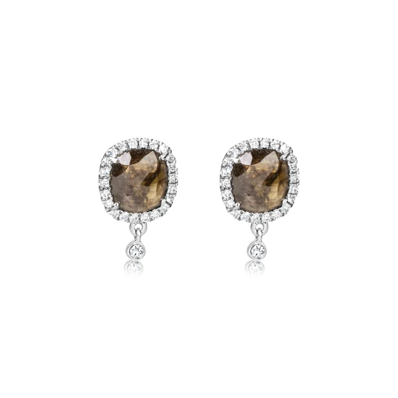 White Gold Rough Diamond Studs with Diamond Halo and Drop Bezel Diamonds sold by Meira T