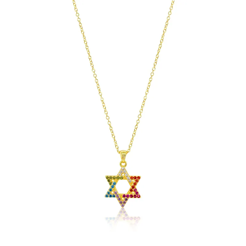 Rainbow Studded Dainty Gold Plated Jewish Star of David Necklace sold by Meira T